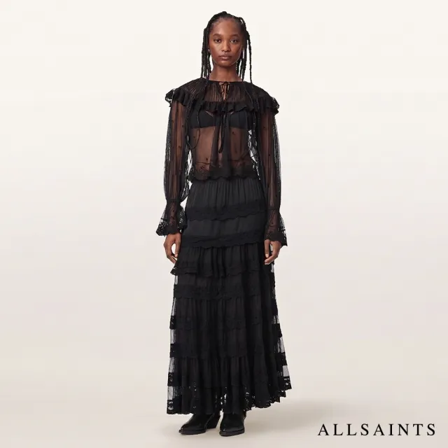 【ALLSAINTS】MAGGIE 多層蕾絲薄紗拼接長裙-黑 W100RF(常規版型)