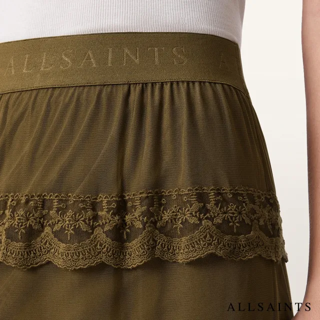 【ALLSAINTS】MAGGIE 多層蕾絲薄紗拼接長裙-軍綠 W100RF(常規版型)