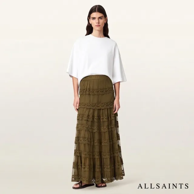 【ALLSAINTS】MAGGIE 多層蕾絲薄紗拼接長裙-軍綠 W100RF(常規版型)