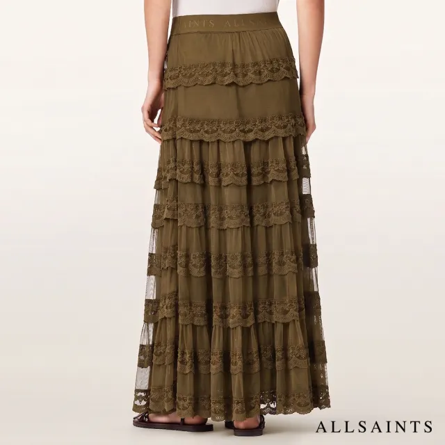 【ALLSAINTS】MAGGIE 多層蕾絲薄紗拼接長裙-軍綠 W100RF(常規版型)