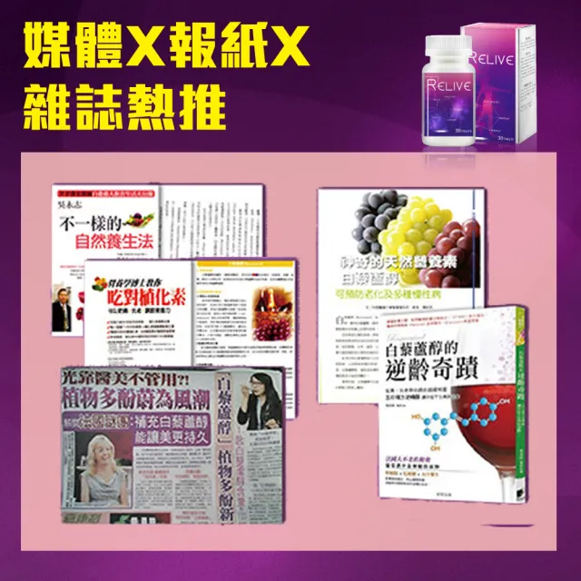 【RELIVE】皇室御用高濃度白藜蘆醇*6盒 (30錠/盒 主任醫師推薦-巴西莓 紅石榴 綠茶萃取)