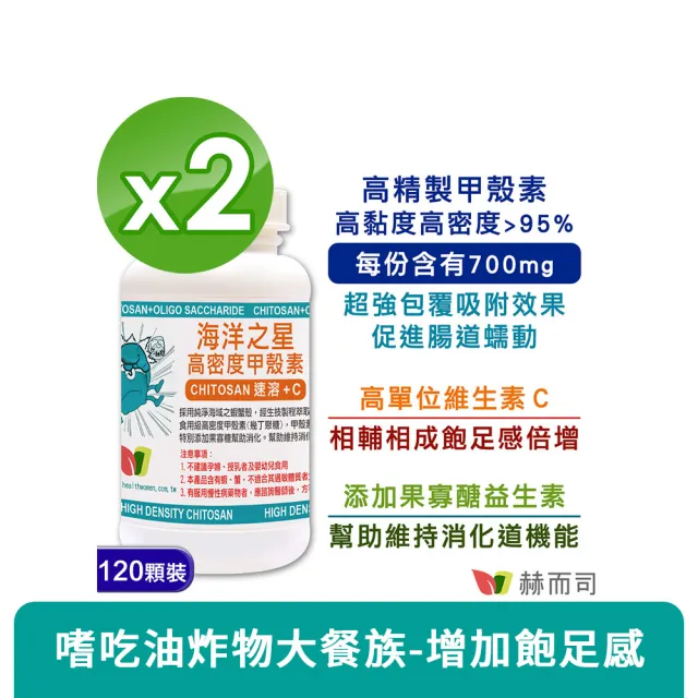 【赫而司】高密度甲殼素2罐(共240顆;添加果寡糖+維生素C速溶消化飽足感海洋之星膳食纖維促進腸道蠕動)