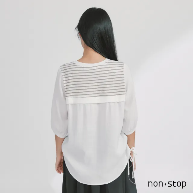 【non-stop】條紋拼接側抽繩長版襯衫-2色