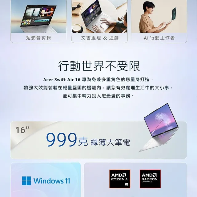 【Acer】送羅技鼠★16吋Ryzen AI 5 999g輕薄 AI筆電-月銀白(Swift Air/SFA16-61M-R1PA/R5-330/16G/512G/W11