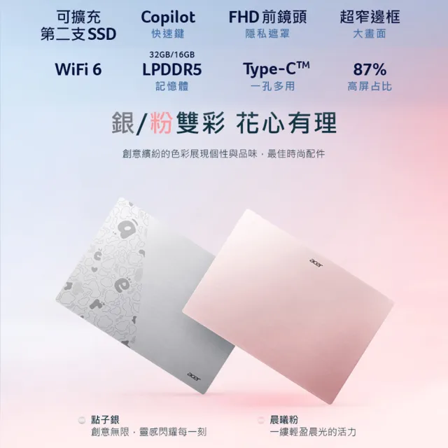 【Acer】筆電包/滑鼠組★14吋 AI超輕薄筆電-晨曦粉(Swift Lite/SFL14-54M-51ZA/Ultra 5-115U/16G/512G/W11)