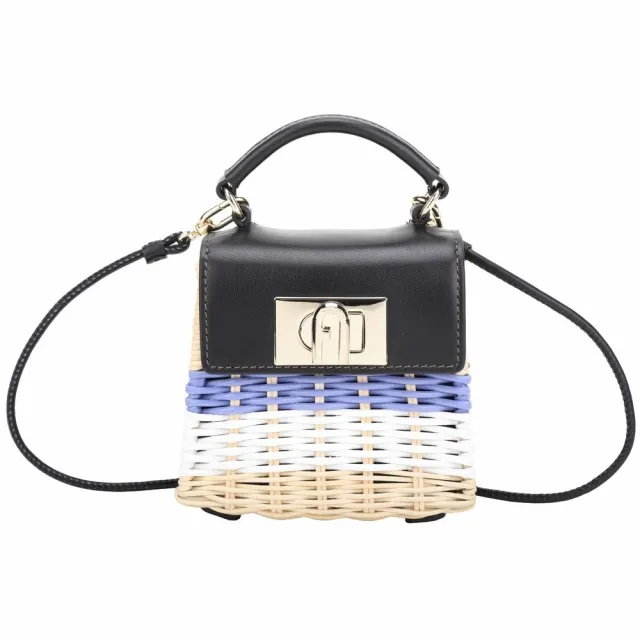 【FURLA 芙拉】1927 Micro 拱門旋釦藤編手提/迷你斜背包(黑色)(草編包 編織包 兩用包)