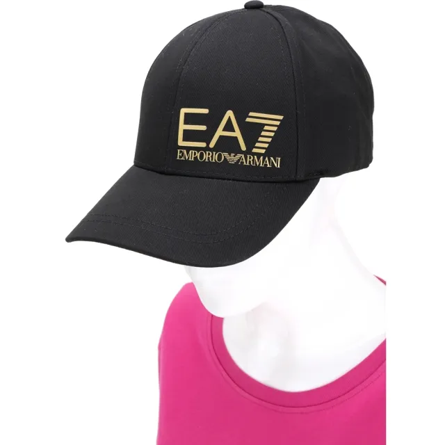【EMPORIO ARMANI】EA7 男女共用 老鷹字母徽標貼印帆布棒球帽(金字/黑)