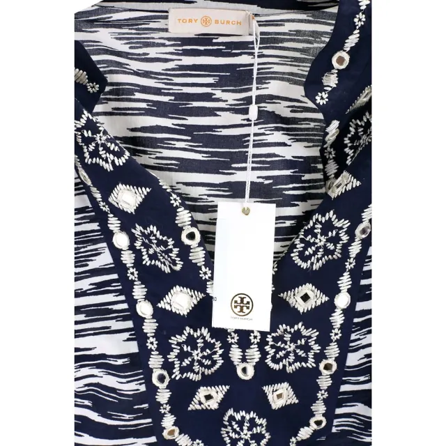 【TORY BURCH】Embellished 藍白紋理刺繡圖騰棉質上衣(長袖 波希米亞 TB)