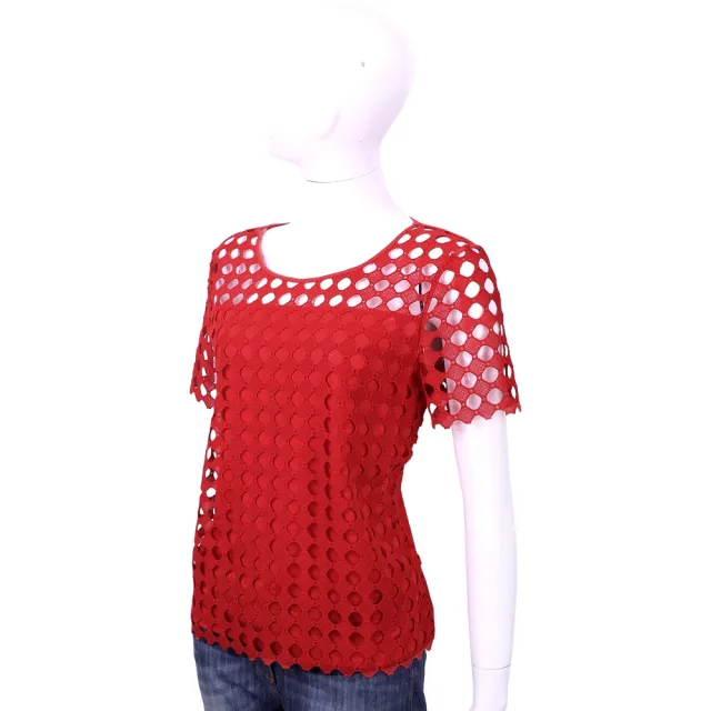 【TORY BURCH】紅色圓點簍空拼接短袖T恤(上衣 TEE TB)