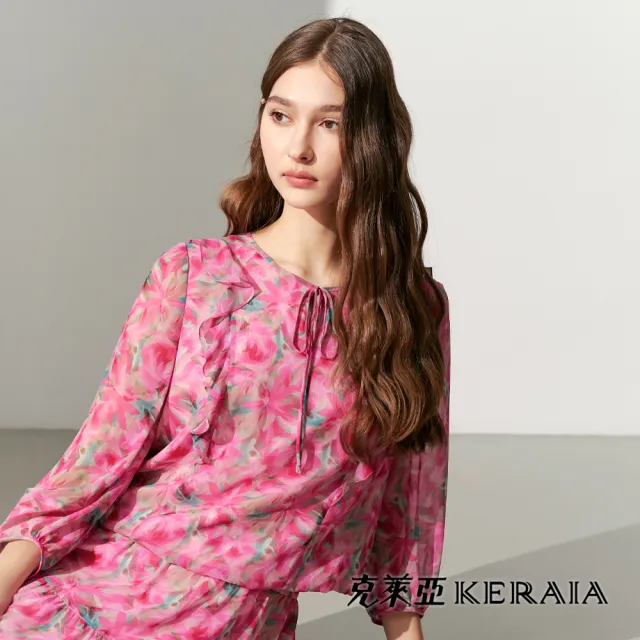 【KERAIA 克萊亞】桃粉戀花影印花雪紡綁帶上衣