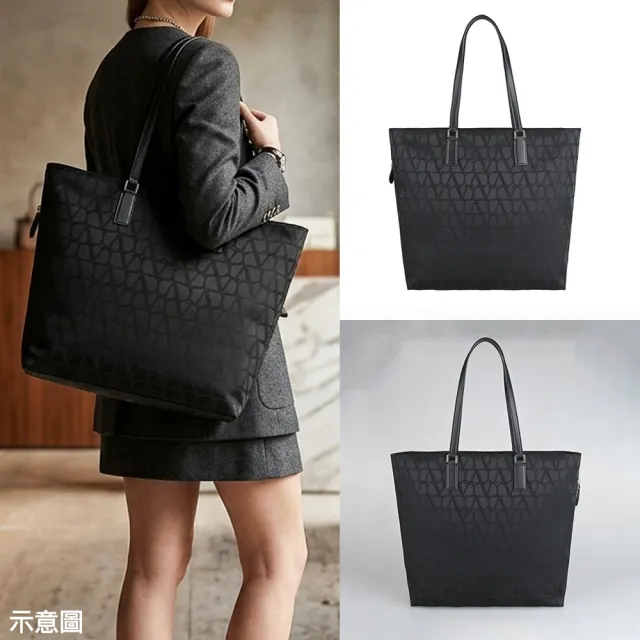 【VALENTINO 范倫鐵諾】VALENTINO 滿版緹花Toile系列拉鍊肩背托特包(黑)