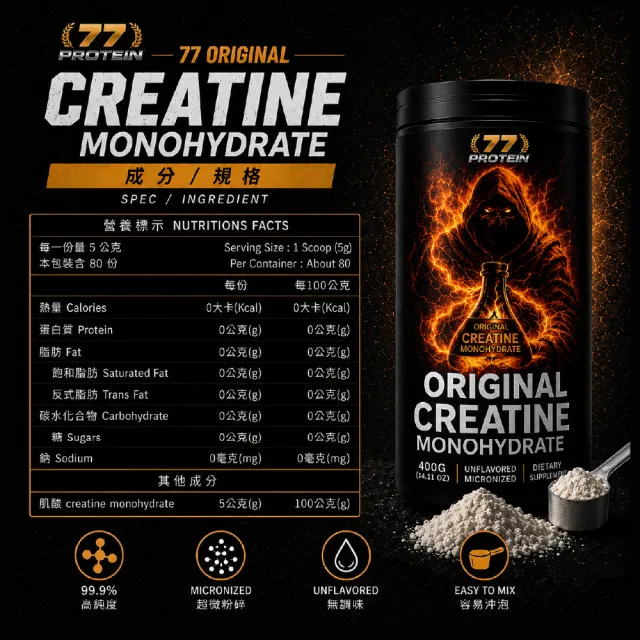 美國 77PROTEIN 高品質微分子一水 純肌酸 400公克/80份