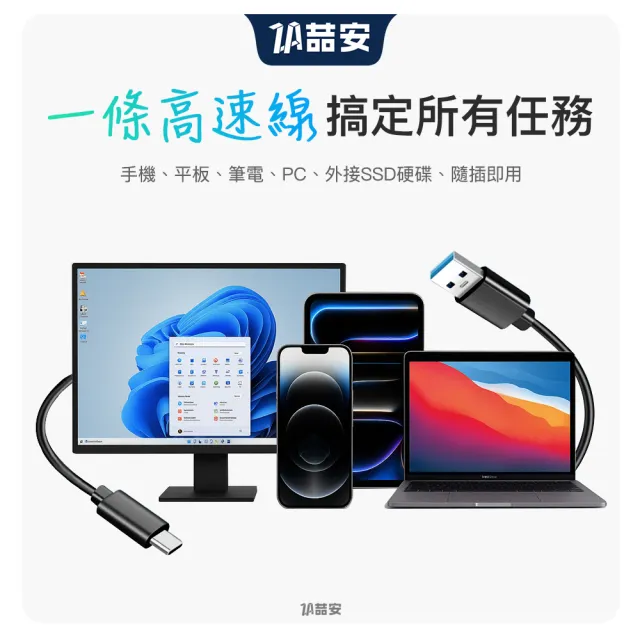 【ZA 喆安】USB3.2 Gen2 10G Type-C充電線50cm USB-A to Type-C傳輸線 適用iPhone 17/筆電/手機快充線
