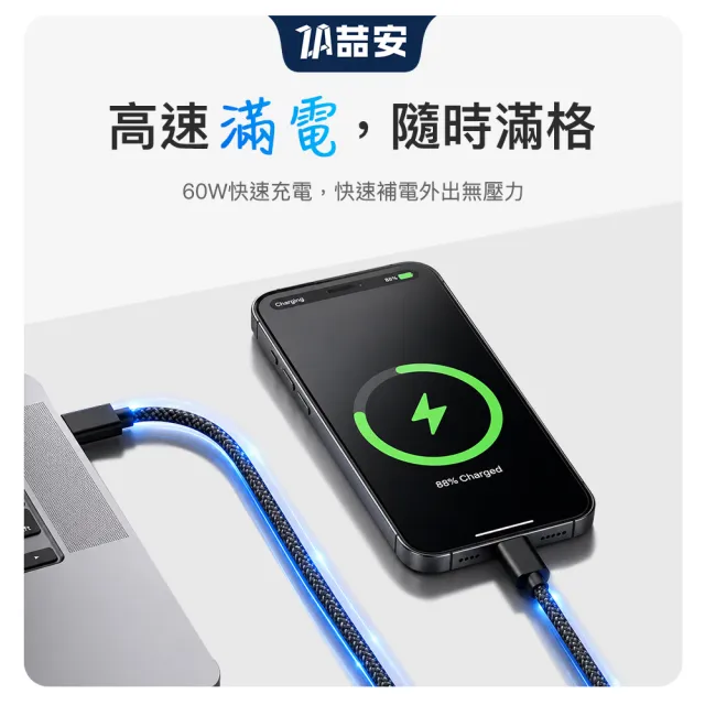 【ZA 喆安】USB 2.0 Type-C編織充電線1m USB-A to Type-C傳輸線 適用蘋果iPhone17/16/筆電/手機快充線