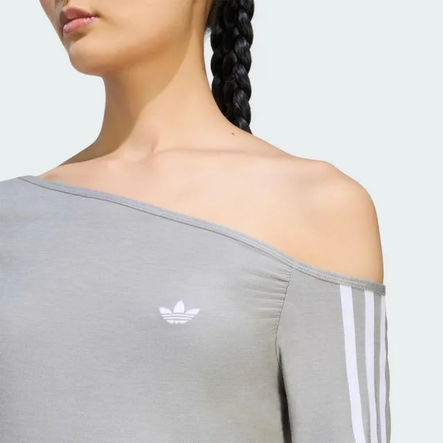 【adidas 愛迪達】斜肩長袖上衣 LE8311 女款ORIGINALS緊身單肩T恤 灰色