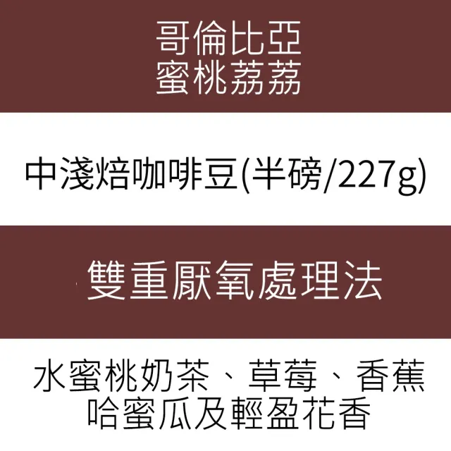 【木子家咖啡】蜜桃荔荔｜哥倫比亞｜雙重厭氧淺中焙單品咖啡豆(半磅/包、PROBAT烘豆機、水蜜桃奶茶)