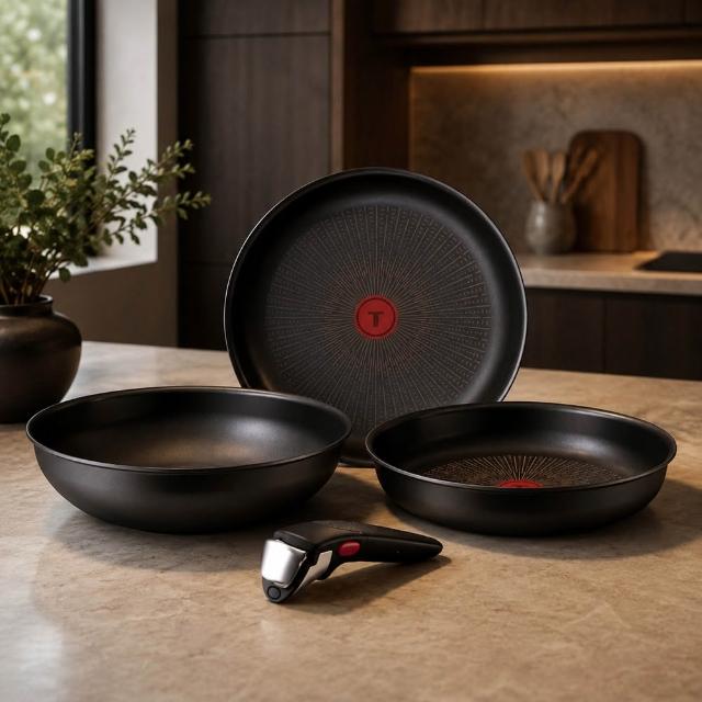 【Tefal 特福】法國製精悍巧變精靈系列不沾鍋4件組-熔岩黑(適用電磁爐)