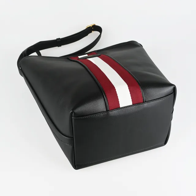 【BALLY】BALLY精品小牛皮紅白肩背斜背水桶包(黑)