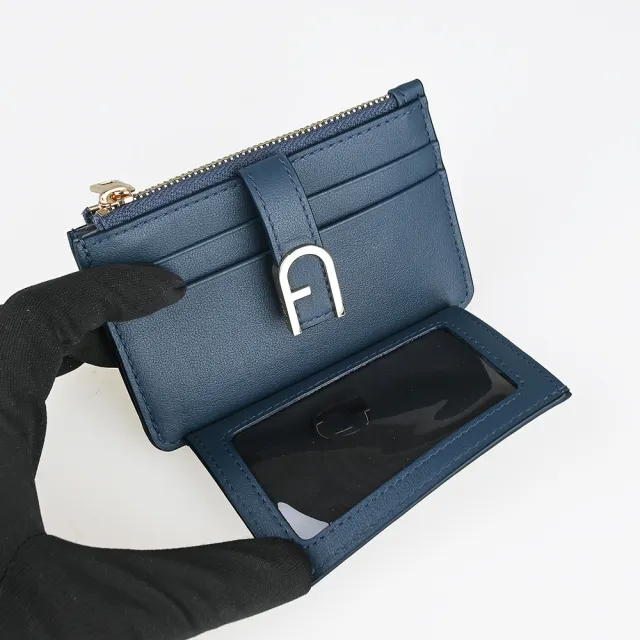 【FURLA 芙拉】FURLA精品粒面小牛皮拉鍊零錢卡夾(藍)