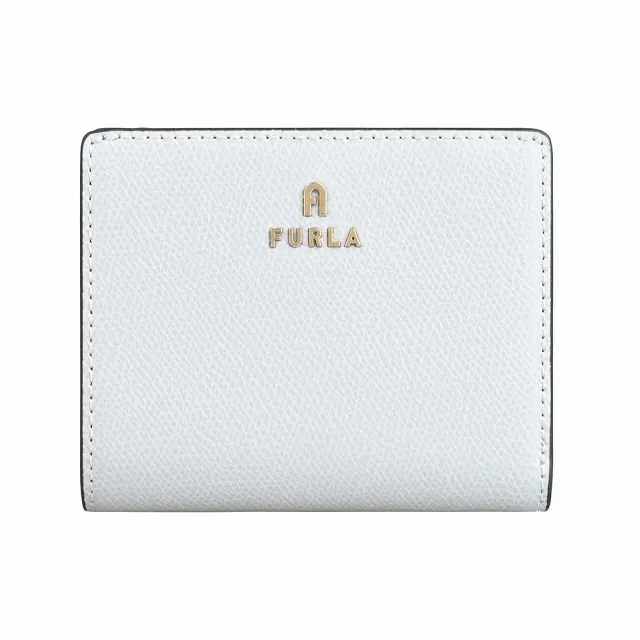 【FURLA 芙拉】FURLA 雷雕鍍金字LOGO Camelia系列小牛皮4卡按釦式零錢短夾(水晶白x灰藍)