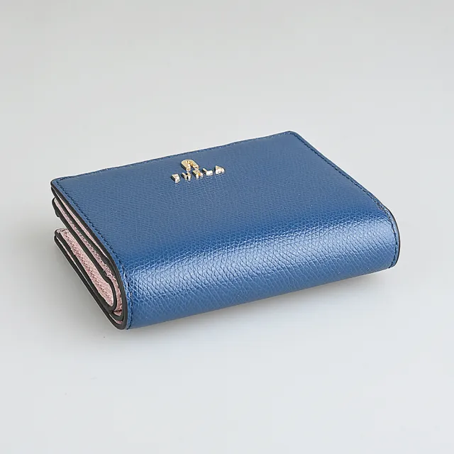 【FURLA 芙拉】FURLA 雷雕鍍金字LOGO Camelia系列小牛皮4卡按釦式零錢短夾(靛藍x粉紅)