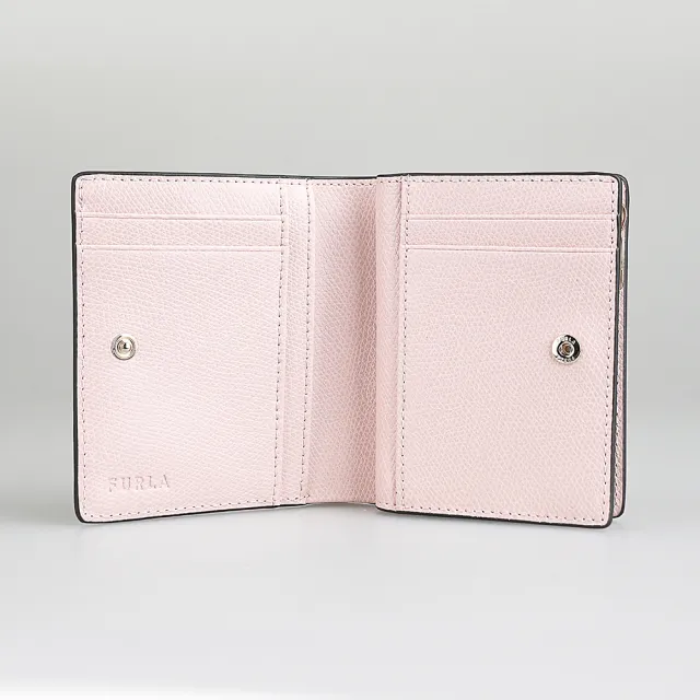 【FURLA 芙拉】FURLA 雷雕鍍金字LOGO Camelia系列小牛皮4卡按釦式零錢短夾(靛藍x粉紅)
