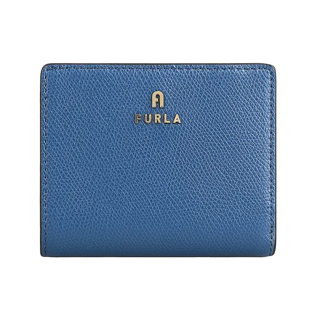 【FURLA 芙拉】FURLA 雷雕鍍金字LOGO Camelia系列小牛皮4卡按釦式零錢短夾(靛藍x粉紅)