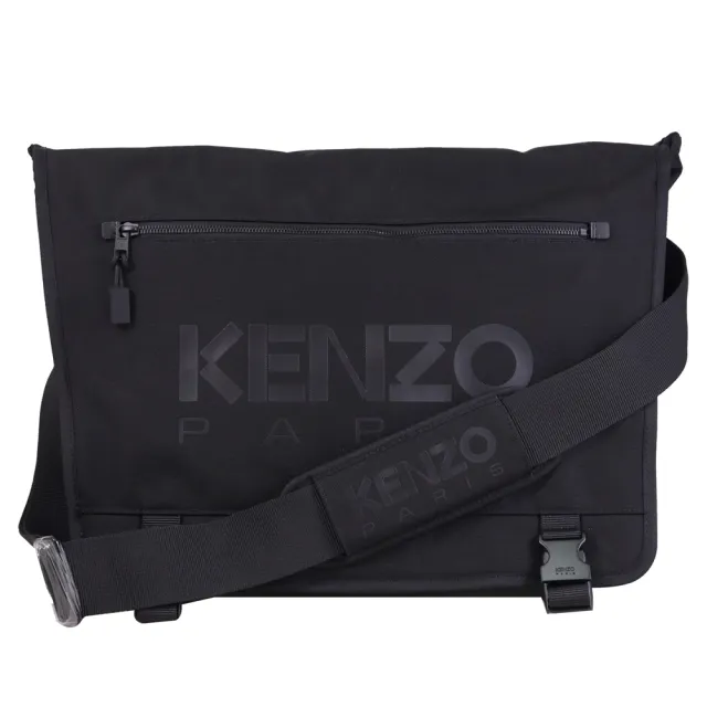 【KENZO】品牌燙印LOGO尼龍翻蓋大斜背包郵差包(黑)