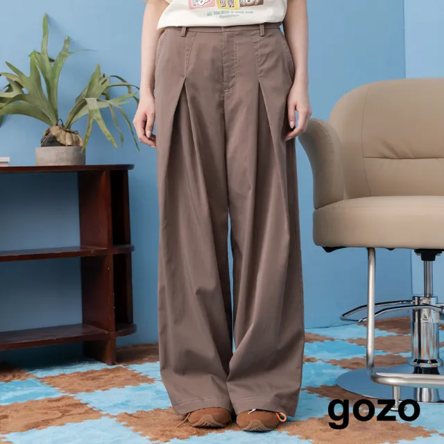 【gozo】跳色壓線涼感天絲打摺寬褲(深灰/深卡其)