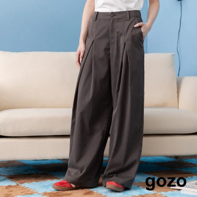 【gozo】跳色壓線涼感天絲打摺寬褲(深灰/深卡其)