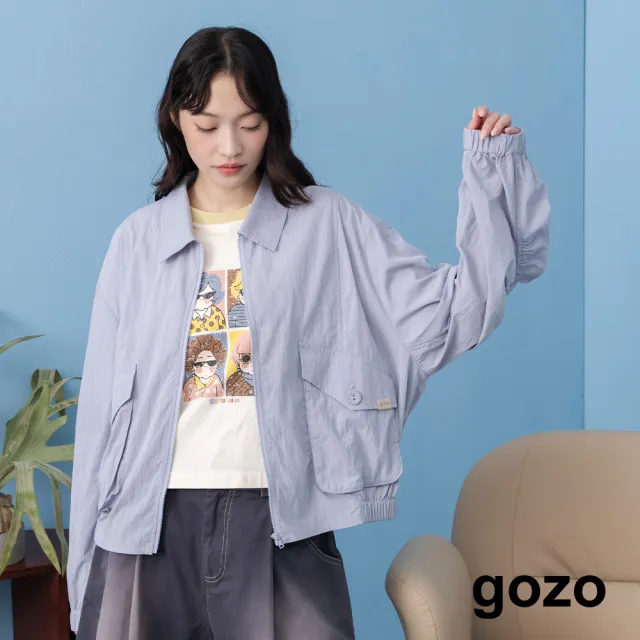 【gozo】落肩抽皺澎澎袖涼感遮陽外套(米白/藍色)