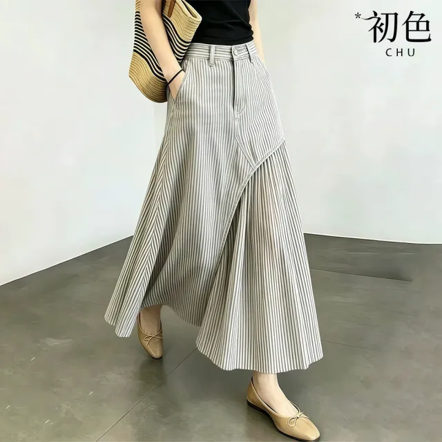 【初色】韓系休閒風百搭氣質壓褶層次設計A字短裙中長裙半身裙-4款任選-52358(M-2XL可選)