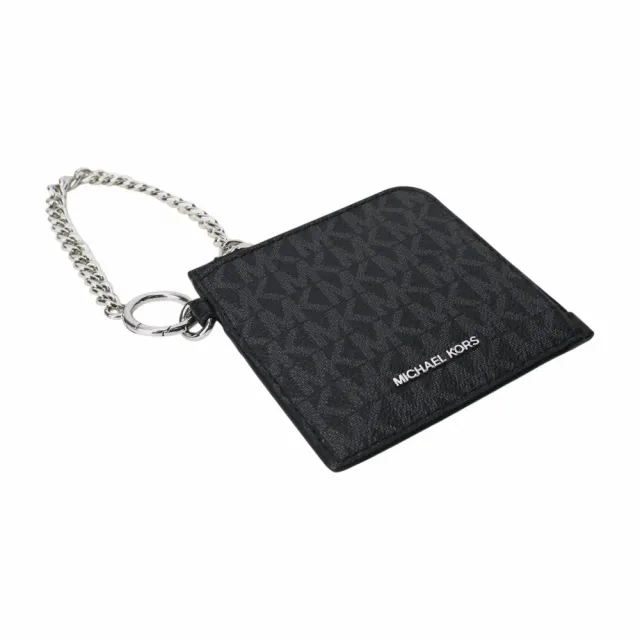 【Michael Kors】銀字滿版防刮鍊帶L型拉鍊零錢包(黑灰)