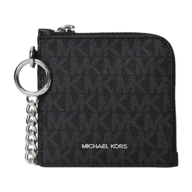 【Michael Kors】銀字滿版防刮鍊帶L型拉鍊零錢包(黑灰)