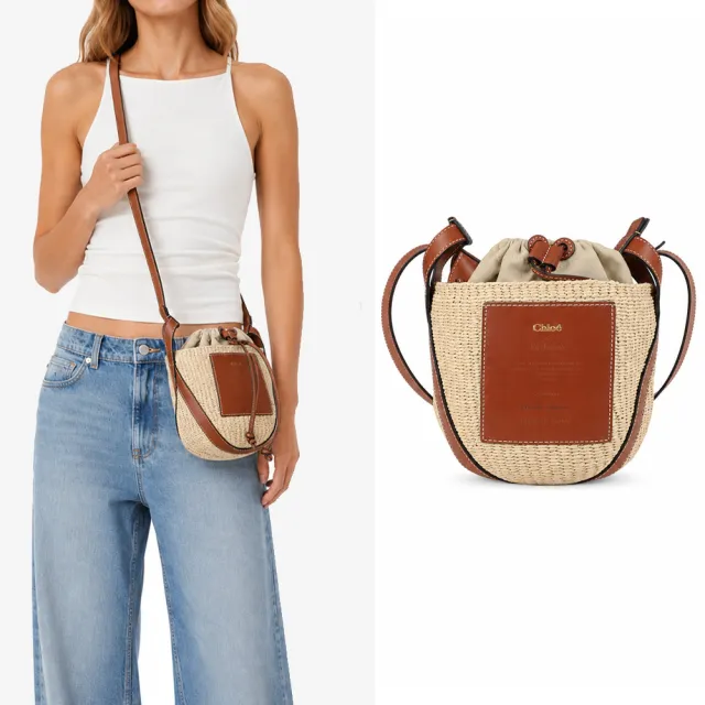 【Chloe’ 蔻依】Woody 經典LOGO皮革草編束口水桶包(焦糖棕)