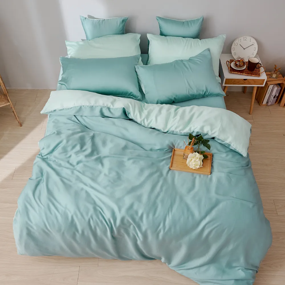 【戀家小舖】60支300織100%天絲被套床包枕套組-永恆系列-芬妮綠(特大)