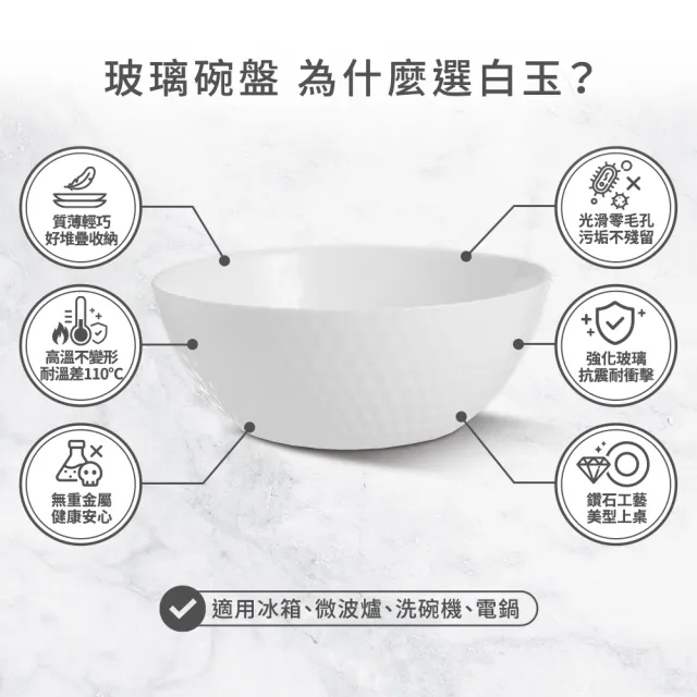 【mo select】任選3組-可微波鑽石系列白玉強化玻璃碗盤多件組(mo選/餐具/碗/盤子/深盤/可進洗碗機、微波爐)