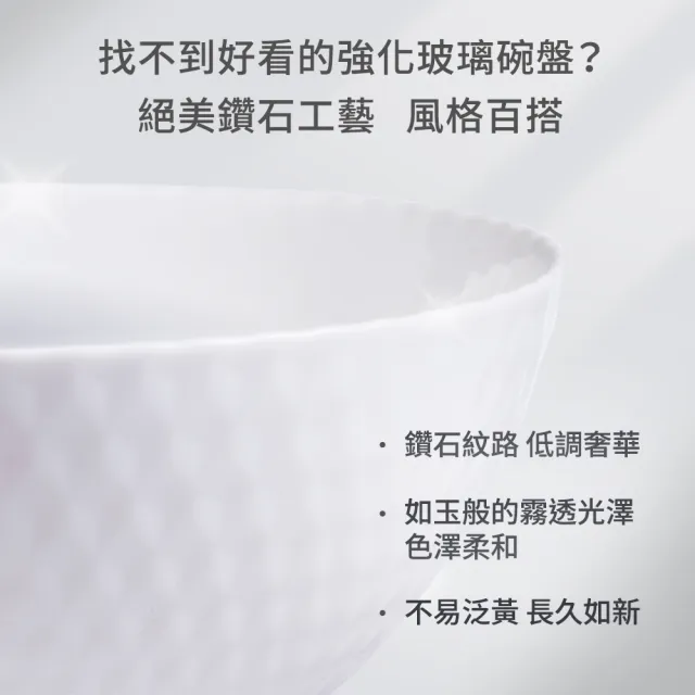 【mo select】任選3組-可微波鑽石系列白玉強化玻璃碗盤多件組(mo選/餐具/碗/盤子/深盤/可進洗碗機、微波爐)
