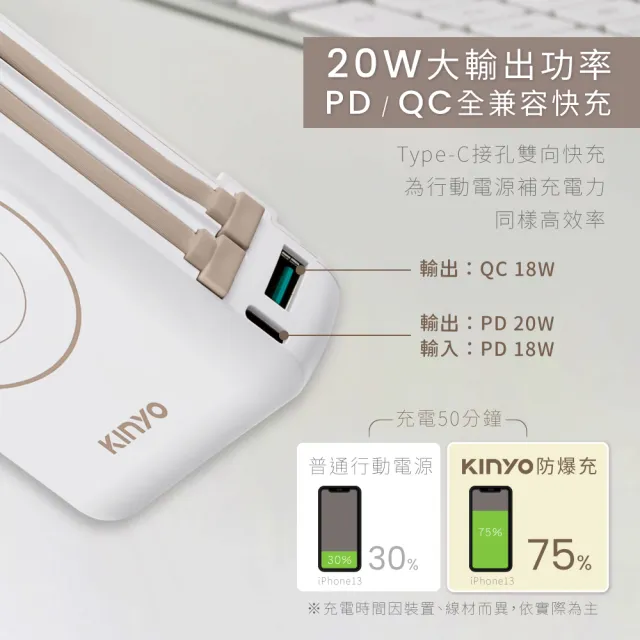 【KINYO】固態防爆無線充電行動電源 自帶AC apple watch充電(KPB-2656/KPB-2310)