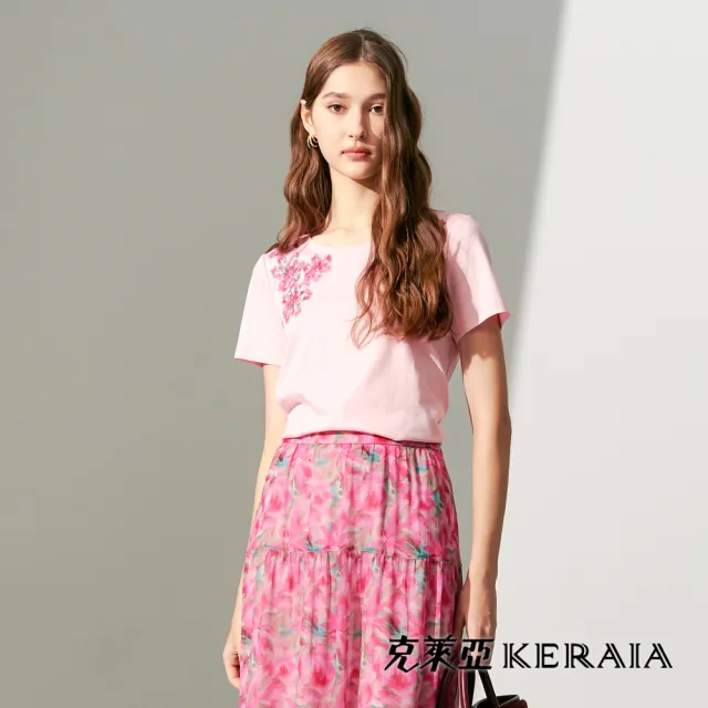 【KERAIA 克萊亞】桃粉戀花影立體花飾棉上衣