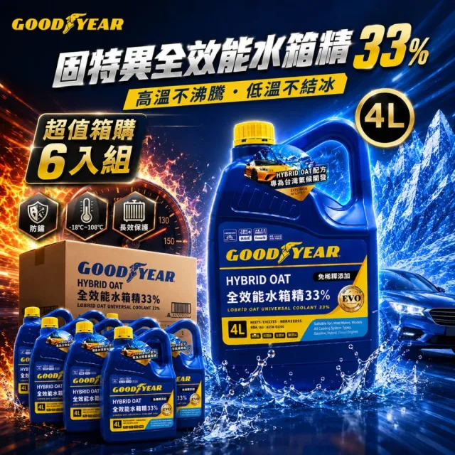 【GOODYEAR 固特異】全效能水箱精33% 4L–6入組 冷卻液｜防凍液｜4L水箱精｜固特異水箱精｜免稀釋水箱精