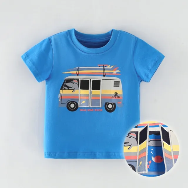 【橘魔法】寶藍鯊魚開車出遊短袖上衣 男童 兒童 童裝 T-Shirt T恤 棉T
