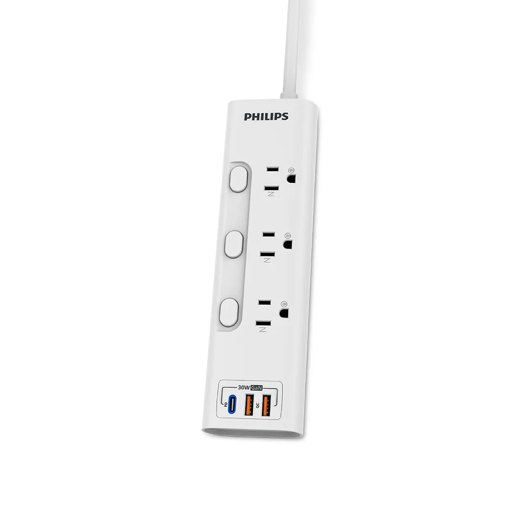 【Philips 飛利浦】新安規 3開3插 2USB+Type C PD 30W GaN 氮化鎵延長線1.8米(CHP8431)