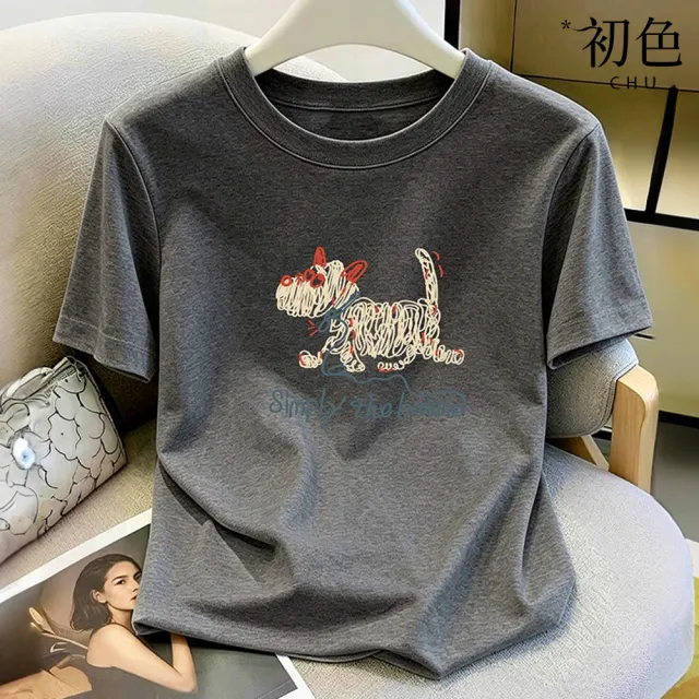【初色】休閒風圓領短袖小狗圖樣字母造型顯瘦遮肉正肩T恤上衣女上衣-共5色-53222(M-3XL可選)