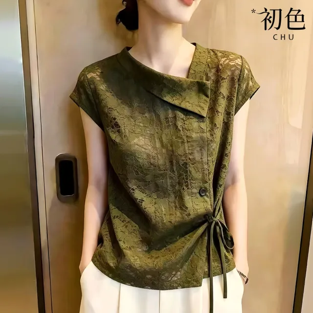【初色】法式蕾絲斜領單釦收腰繫帶薄款舒適短袖上衣女上衣-綠色-53251(M-2XL可選)