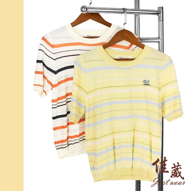 【Just Wear 佳葳】柔彩配色條紋針織上衣 2色(女上衣/女上著/短袖/撞色/休閒/百搭/透膚)