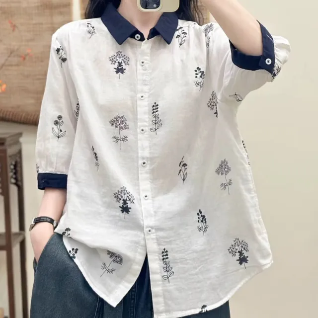 【MU YI YANG 慕衣洋】刺繡翻領寬鬆短袖上衣