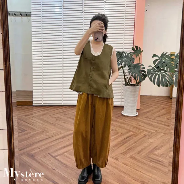 【my stere 我的時尚秘境】雙11 雙層拼接假兩件棉麻背心 橄欖綠 天絲背心 棉麻背心 西裝背心 古著背心