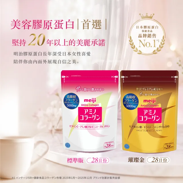 【Meiji 明治】明治膠原蛋白粉璀璨金版28日份袋裝196gx2(膠原蛋白/神經醯胺/Q10)