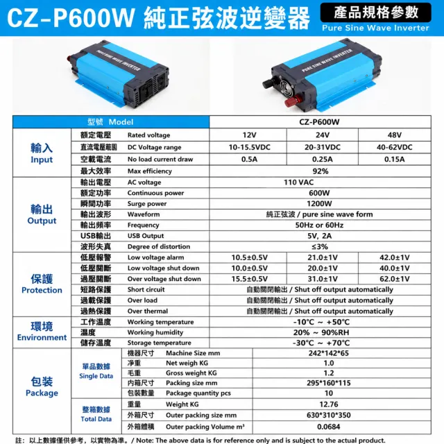 【RTAKO】純正弦波逆變器 大功率600W 12v24v轉110v 車載逆變器 戶外 多重保護 超強輸出 KQ
